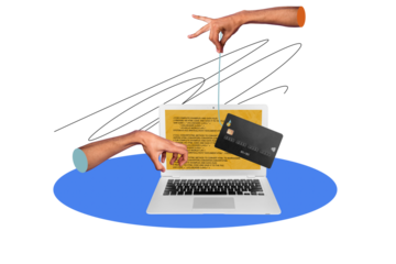 Creative collage image of hand hold lure credit card internet fraud stealing money netbook unusual fantasy billboard comics