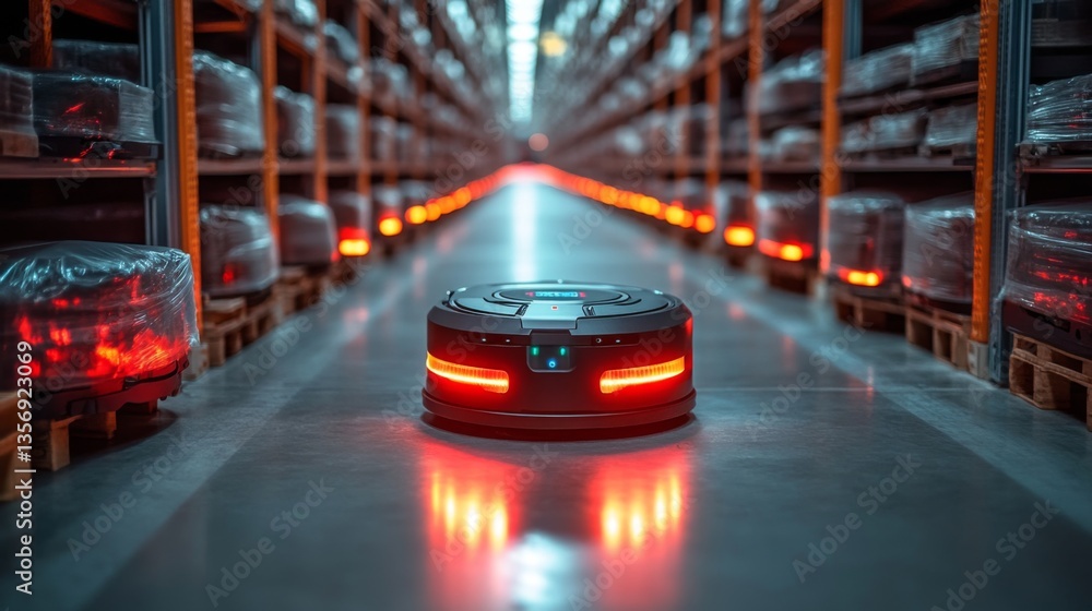 Poster a sophisticated robot with glowing lights moves along the aisle of a warehouse, organizing inventory