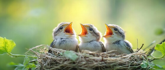 Charming Trio of Baby Birds in Nest Eagerly Awaiting Food with Open Beaks in Lush Greenery and Soft Sunlight