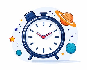 A dark-blue alarm clock floats in space, surrounded by planets and stars
