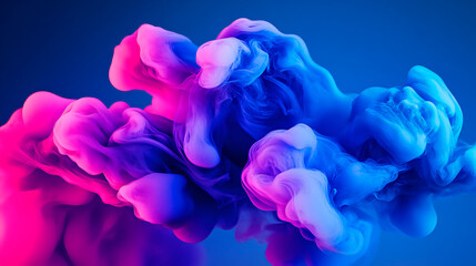 Fototapeta premium Vibrant pink and blue ink clouds swirling in water against a dark background, abstract fluid art with copy space.