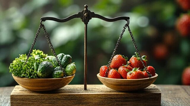 Vintage scale with healthy food weighing, comparing produce