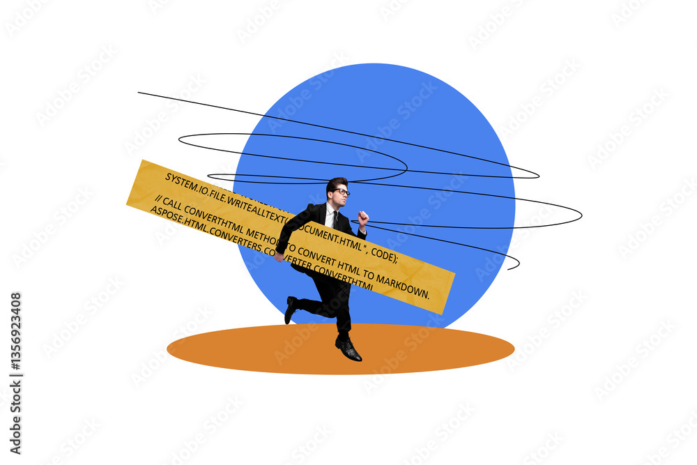 Poster collage artwork picture of confident hurrying worker running holding computer code isolated white co