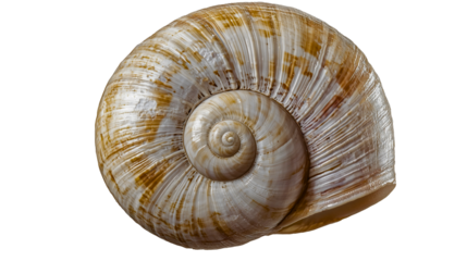 A natural snail shell, circular in shape, with a very hard snail shell, a snail shell in the ecosystem, worn and old, transparent.