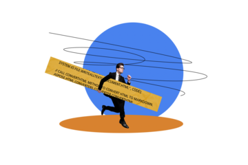 Collage artwork picture of confident hurrying worker running holding computer code isolated white color background