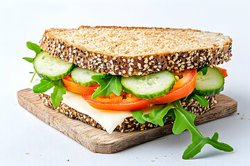 A fresh veggie sandwich on multigrain bread with cheese, tomato, cucumber, and arugula