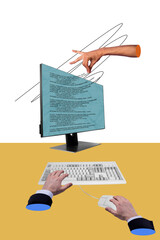 Creative collage image of programmer arms hands coding computer isolated white color background