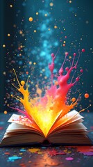Bright splashes of paint flying out of an open book demonstrate creativity