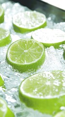 Lime slices in ice. Refreshing ingredients for a drink, food ingredient. Background is blurred