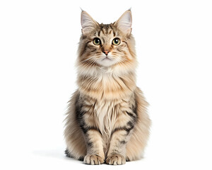 Obraz premium A long-haired tabby cat sits, facing forward against a white background