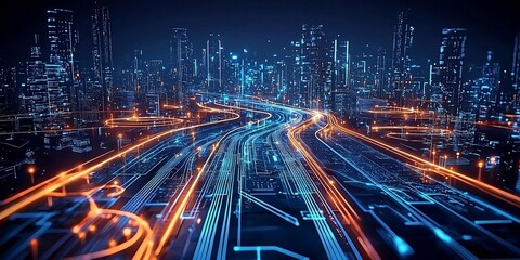 Illustration of IT roadmap modern technology and innovative processes, networking and big data. Peculiar AI generative image