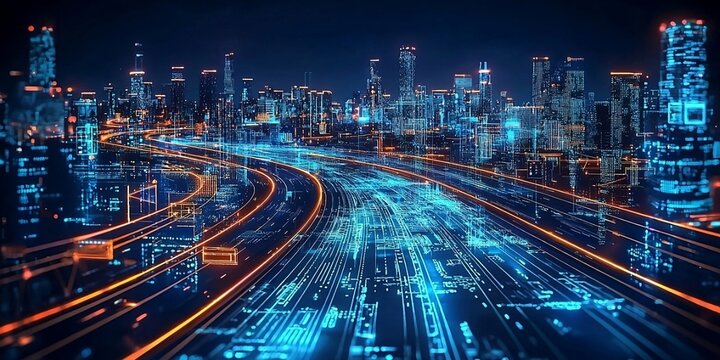 Illustration of IT roadmap modern technology and innovative processes, networking and big data. ai generated - Powered by Adobe