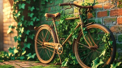 An old bicycle rests against a vibrant brick wall, entwined with lush ivy, bathed in soft golden light of late afternoon. Nature reclaims this forgotten scene, creating a peaceful ambiance
