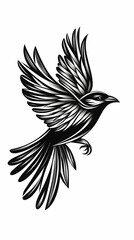 Obraz premium A stylized black and white illustration of a bird in flight, detailed wings and tail
