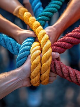 Intertwined ropes held by diverse hands symbolizing unity collaboration and strength in a vibrant display of teamwork and shared goals
