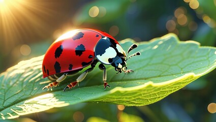 A vibrant ladybug is perched on a lush green leaf, illuminated by warm sunlight. The surrounding environment sparkles with soft bokeh, creating a serene atmosphere