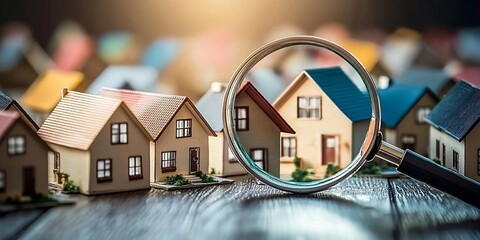 Searching new house for purchase. Rental housing market. Magnifying glass near residential building. Finest generative AI