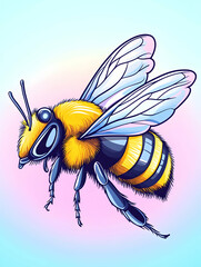 A vibrant, stylized bumble bee in flight against a pastel background