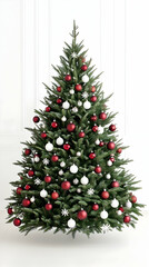 A tall, decorated Christmas tree with red and white ornaments against a white background