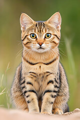 A young, tabby cat with striking yellow eyes sits outdoors, facing the camera