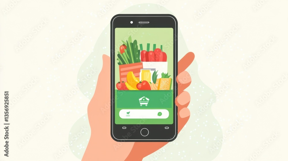 Aufkleber Modern smartphone in hand displaying vibrant grocery delivery app with an array of fresh produce on the screen Generative AI
