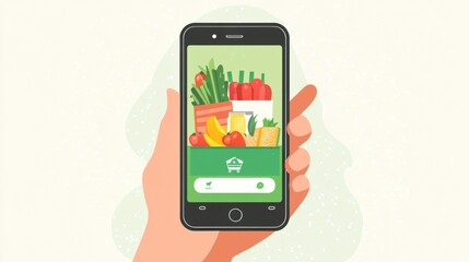 Modern smartphone in hand displaying vibrant grocery delivery app with an array of fresh produce on the screen Generative AI