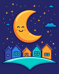 Fototapeta premium cheerful moon smiles over colorful houses under starry night sky, creating whimsical and cozy atmosphere