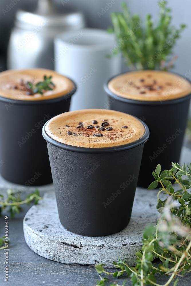 Poster three cups of coffee with foam and coffee beans on a stone coaster in a warm and inviting setting pe