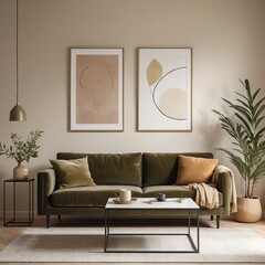 Modern Living Room Interior with Olive Green Sofa and Abstract Art