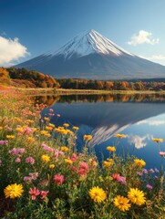 Serene mount fuji reflection in calm lake surrounded by vibrant wildflowers and autumn foliage under blue sky scenic japan landscape