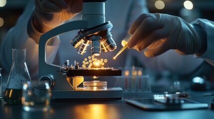 Scientist examining microscopic sample with microscope in laboratory setting
