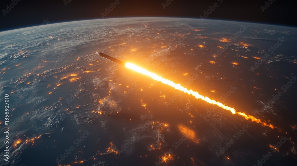 Poster the rocket propels vigorously as it ascends from earth, trailing a fiery plume against the backdrop 