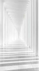 Serene White Hallway Perspective with Sunlight and Shadow Play Creating an Ethereal and Minimalist Atmosphere in a Modern Architectural Design