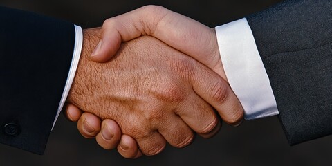 Obraz premium Successful partnership handshake between two business professionals in suits, uniting concepts in a bright office setting