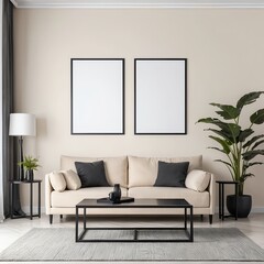 Modern Living Room Interior with Beige Sofa and Empty Frames