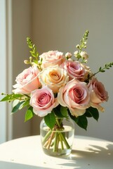 Obraz premium A delicate bouquet of pastel roses arranged in a clear glass vase, bathed in soft sunlight, creating a serene and elegant display.