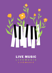 Flowers sprouting through piano keys, poster music fest