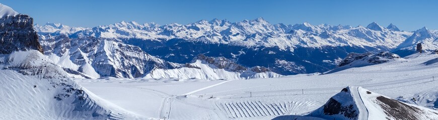 Panoramic aerial view of Glacier 3000 with alpine peaks and the suspended Peak Walk bridge in...