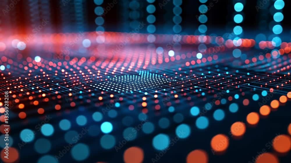 Poster abstract representation of a digital network featuring a grid of glowing red and blue lights, symbol