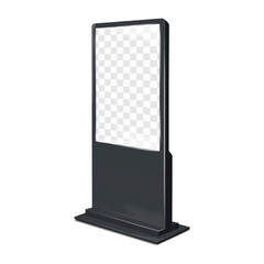 LCD computer monitor TV stand. 3d mockup. Video digital display billboard banner or interactive touch screen self-service kiosk on black metal base. Realistic vector mock-up. Easy editable template