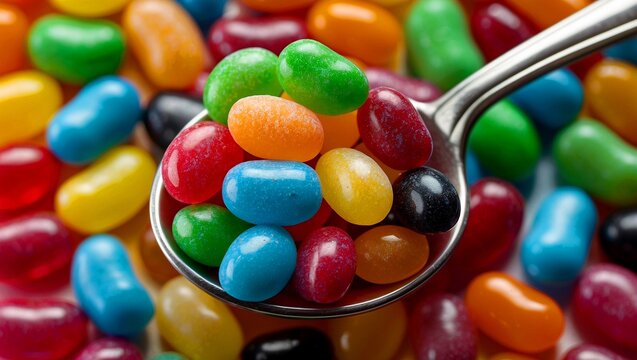 A close up of colorful jelly beans in a spoon