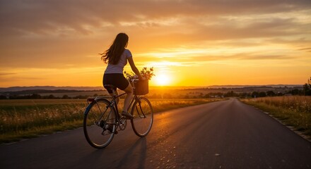 Fototapeta premium Woman riding bicycle during sunset on a rural road 