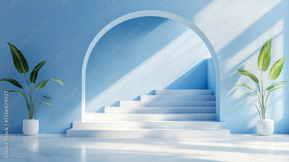 Poster sunlight streams through a stunning arch in a modern space, highlighting a staircase and tasteful po