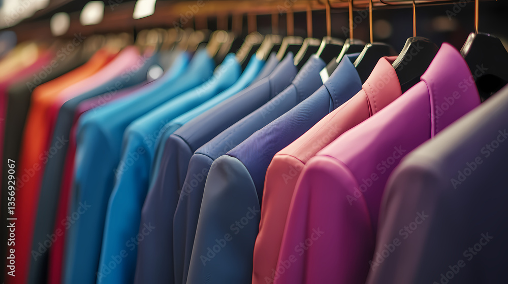Poster a rainbow of style: a vibrant row of tailored jackets hangs neatly on display, showcasing a spectrum