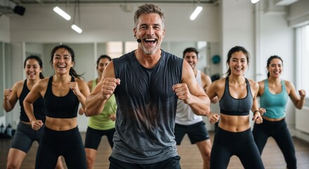 Group of fitness enthusiasts exercising with joy in a gym  