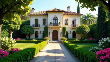 Obraz premium Elegant Mediterranean-style Mansion with Lush Landscaping and a Grand Entrance