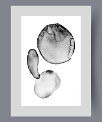 Asymmetrical abstract figures of monochrome color on aesthetic artwork in Scandinavian or Nordic style. Asymmetrical dark spots for art magazine design or fashion gallery wall decoration. Wall art