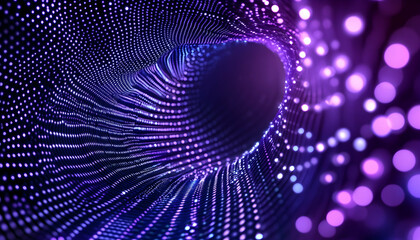 Abstract purple and blue swirling tunnel of light dots