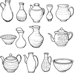 Vector Pottery Set, Line Art Illustration of Jugs and Bowls.