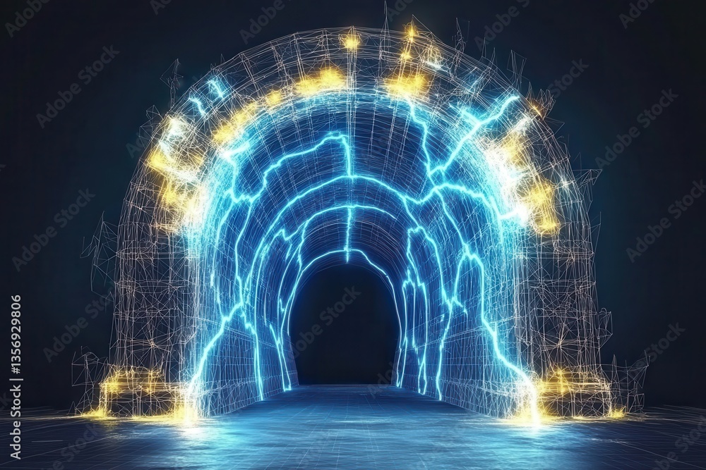 Poster a futuristic glowing tunnel with neon lights and a reflective surface, creating a visually captivati